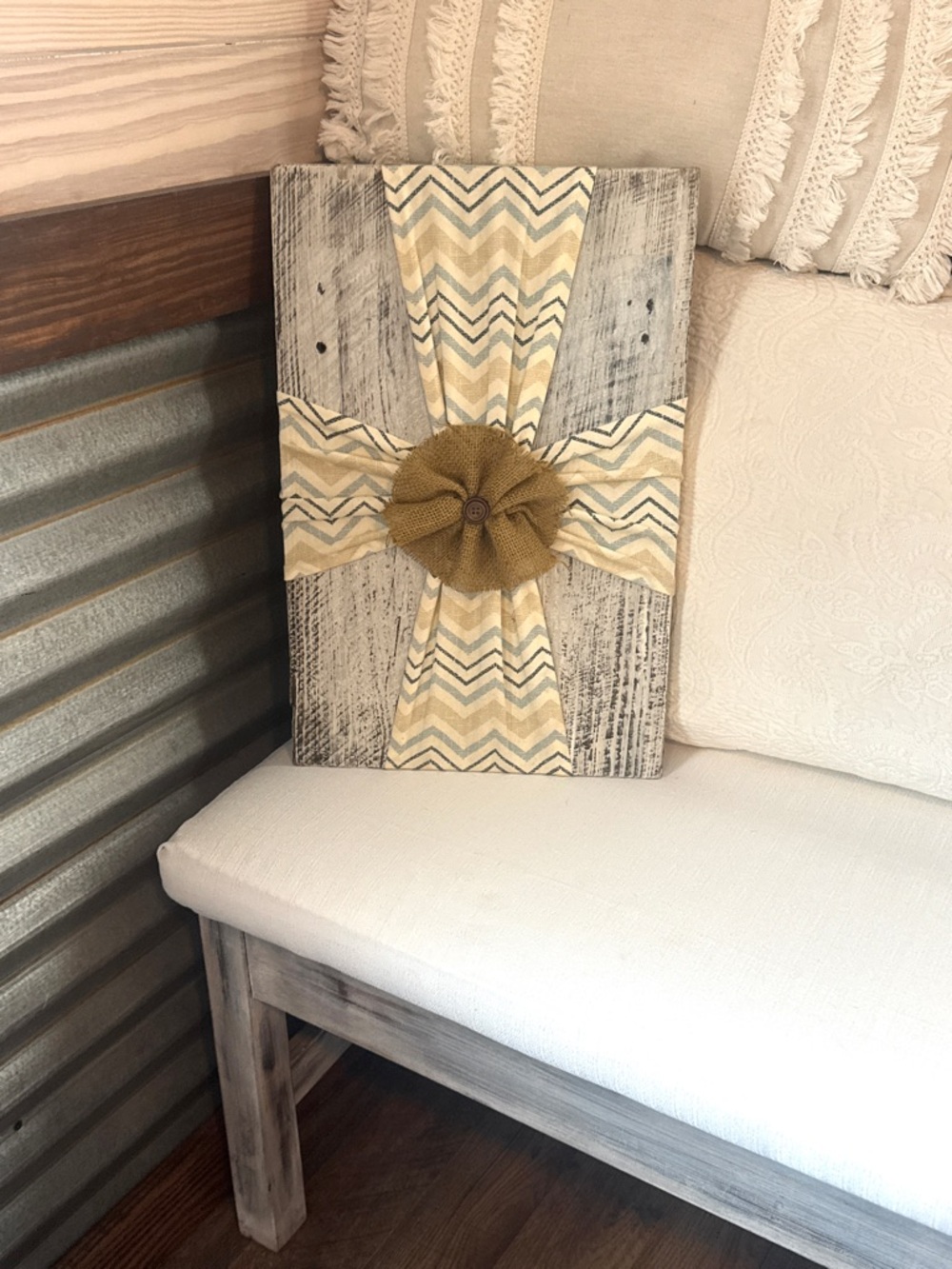 Rustic Chevron Burlap Wall Art with Burlap Flower